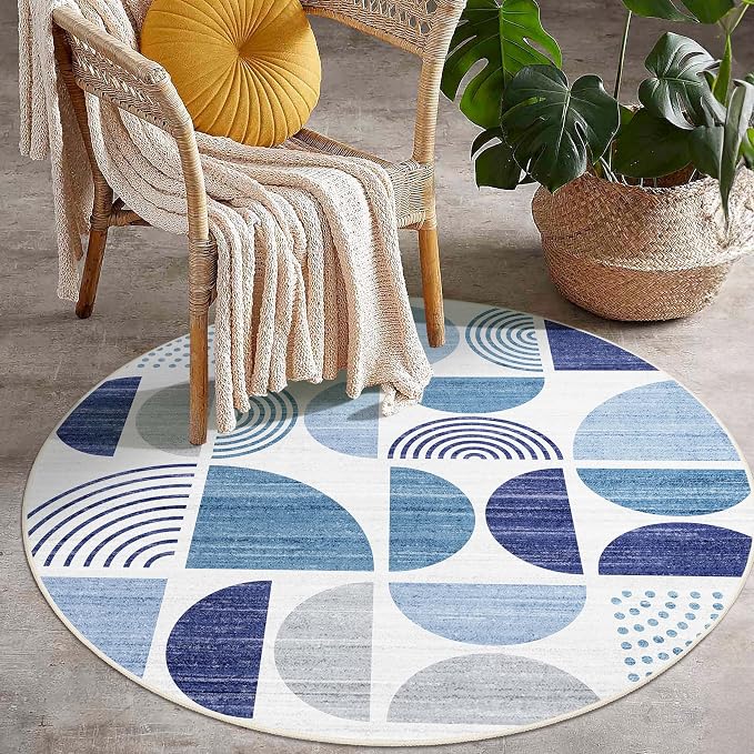 MUJOO Round Rug 4ft,Small Circle Area Rug Washable,Circular Rugs for Entryway Bedroom Kitchen,Boho Non Slip Throw Floor Carpet Modern Abstract Navy Blue
