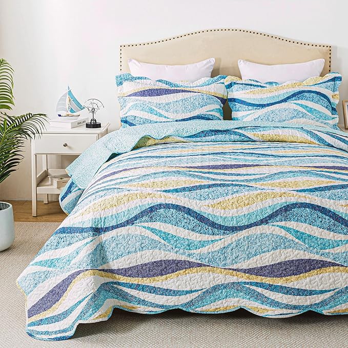 HoneiLife Ocean Quilt Queen Size - 3 Pieces Beach Quilt Sets Coastal Bedspreads Nautical Coverlets Lightweight Bed Cover, Queen Quilt Bedding Set All Season Quilts