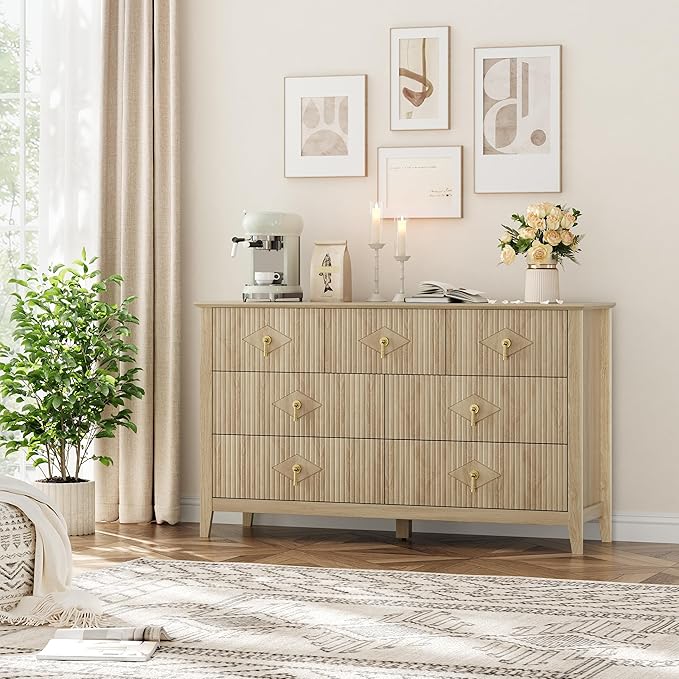 GarveeHome Fluted Dresser for Bedroom, 54 Inch Wide 7-Drawer Wood Dresser, Modern Chest of Drawers, Storage Organizer Cabinet for Living Room, Hallway, Entryway, Natural Oak