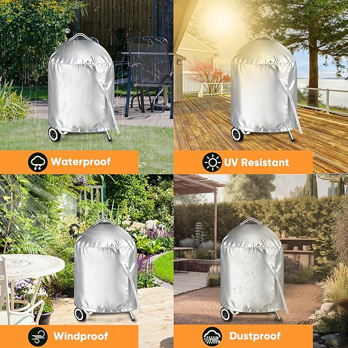 iCOVER Grill Cover for Weber 22 Inch Charcoal Kettle- Heavy Duty Waterproof BBQ Cover for Weber Char-Broil 22 Inch Charcoal Kettle Grills, Silver