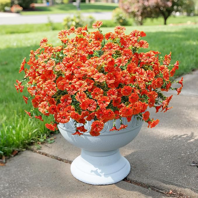 Artificial Flowers Fake Plants for Outdoors Decoration, 12 Bundles Orange Silk Morning Glory with Eucalyptus Realistic UV Resistant Faux Flowers Greenery for Outside Planter Yard Garden Home Indoor