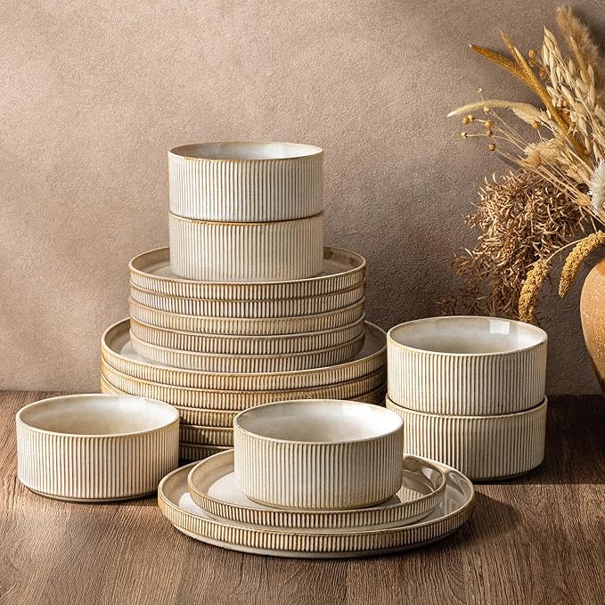 GBHOME 18-Piece Stoneware Dinnerware Set for 6 – Ribbed Ceramic Plates and Bowls, Scratch-Resistant, Microwave & Dishwasher Safe, Reactive Glaze, Cappuccino