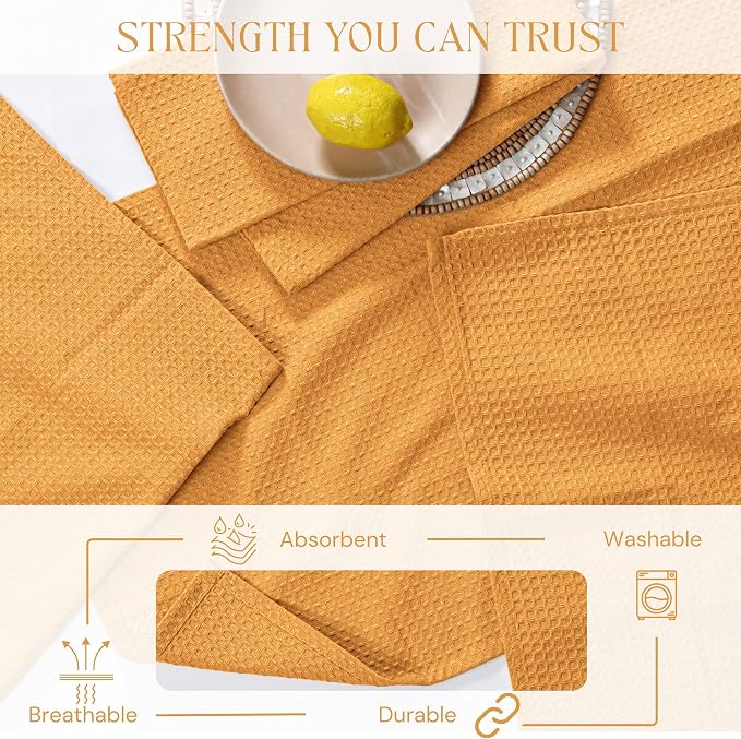 Yellow Waffle Kitchen Dish Towels, 100% Cotton, Quick Dry, Super Absorbent, Soft, 16x26 Inches – Ideal for Dish Drying, Bar, Tea, Cleaning, and Everyday Use, 12 Pack, Mustard Yellow