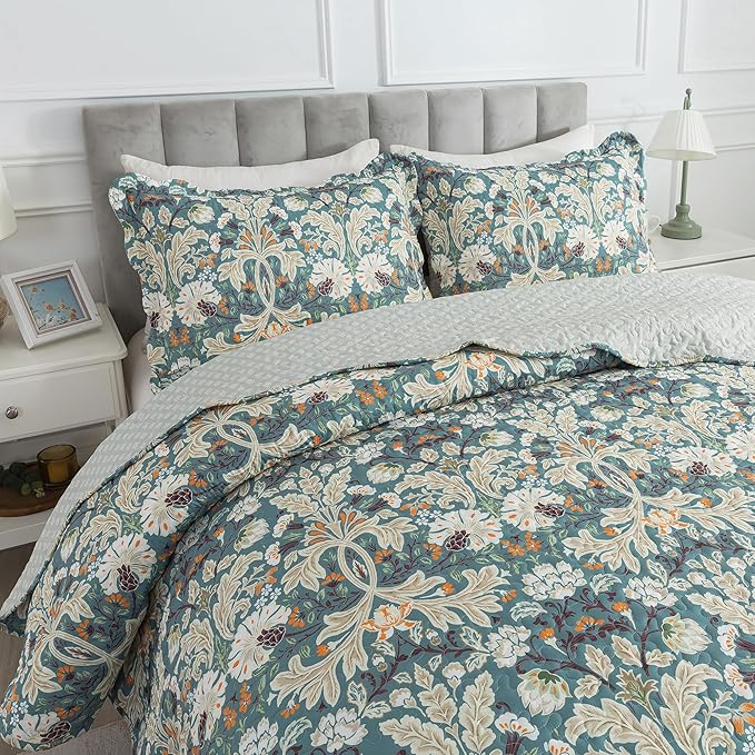 HoneiLife Quilt Sets King Size - Microfiber Bedspreads for King Bed, 3-Piece Lightweight Coverlets, Retro Bed Cover King Quilt Bedding Set All Season Quilts-Grayish Green