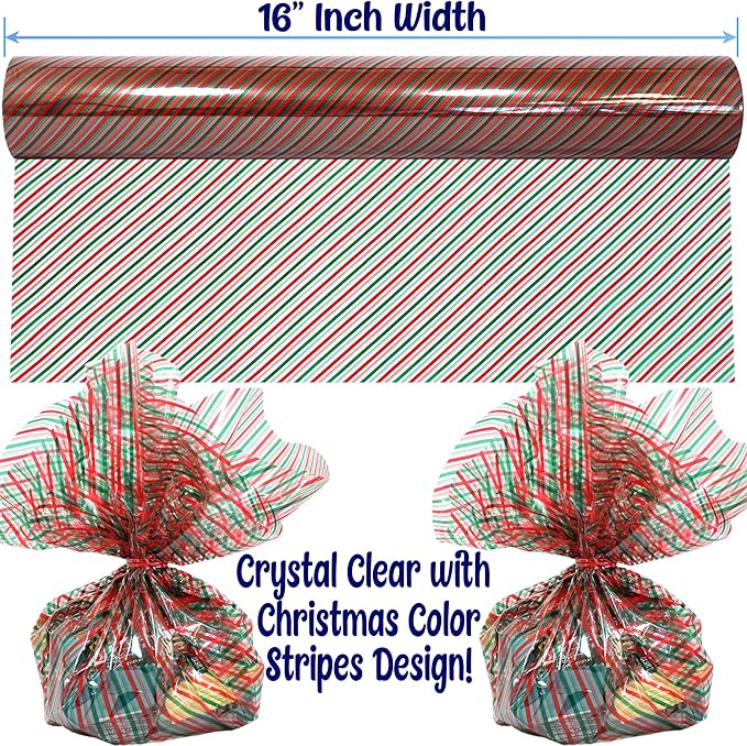 AnapoliZ Christmas Cellophane Wrap Roll | 100’ Ft. Long X 16” in. Wide | 2.3 Mil Crystal Clear Christmas Stripes Cellophane | Gifts, Baskets, Treats Wrapping Paper | Red and Green Stripes Cello Roll