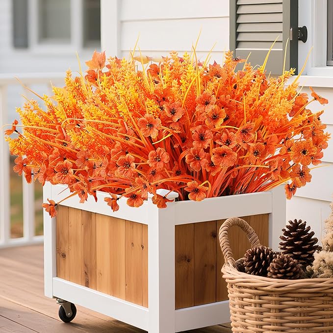 Der Rose 24 Bundles Fall Mums Artificial Flowers for Outdoor Fake Flowers Plants UV Resistant for Home Garden Porch Window Wedding Decor(Orange)