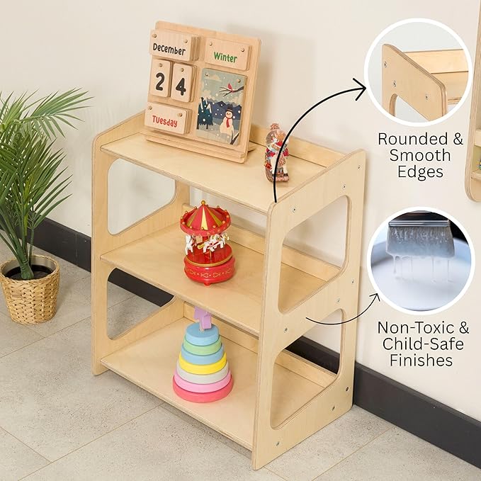 Montessori Bookshelf for Toddlers Solid Wood Toy Storage Shelf Organizer for Playroom and Classroom Floor Bookshelf for Kids Room (Natural, 3-Shelves)