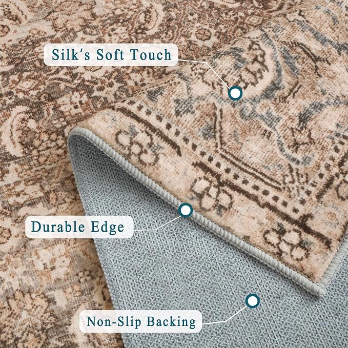 vivorug 5x7 Neutral Area Rugs - Ultra-Thin Washable Rug with Non-Slip Backing, Ideal for Living Room, Bedroom, Kitchen Floor Carpet - Vintage, Easy Clean, Durable, Sand/Antique