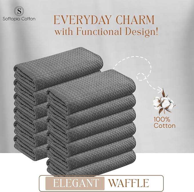 Gray Waffle Kitchen Dish Towels, 100% Cotton, Quick Dry, Super Absorbent, Soft, 16x26 Inches - Ideal for Dish Drying, Bar, Tea, Cleaning, and Everyday Use, 4 Pack, Grey