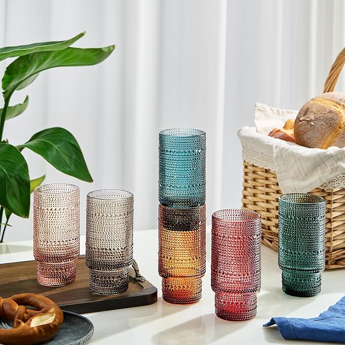 Khen Colored Vintage Art Deco Glasses - Martini, Margarita, Cocktail & Champagne Ribbed Glasses | Set of 6 | Cute Pastel Crystal Cocktails Glassware, Stemmed Glassware Gift - Hobnail Tumblers & Straws