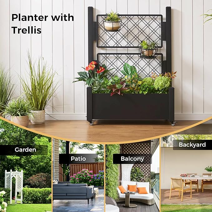 Metal Planter Box with Trellis and Wheels, 50" Hx38 Wx14 D Large Outdoor Garden Planter for Climbing Plants, Vegetables & Vines, Includes Drainage Holes and Privacy Screen, Black