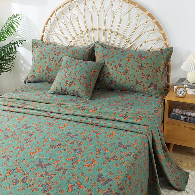 FADFAY Butterfly Sheets Set King Vintage Green Red Floral Bedding Shabby Farmhouse Bedding Super Soft Washed Double -Layer Muslin Sheets 100% Cotton Deep Pocket Fitted Sheet 4Pcs, King Size