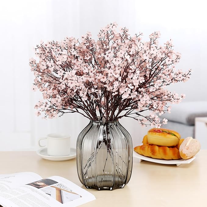 JAKY-Global Babys Breath Silk Artificial Flowers Bulk with Vase 10pcs Fall Decor Fake Flower Bouquet Bulk for Home Indoor Floral Arrangement Table Centerpieces Party Decor(Autumn Pink with Vase)