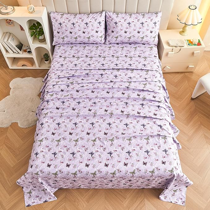 Softan Floral Twin Size Sheet Set, Purple Paisley Flower Printed Sheets for Kids Girls, Brushed Microfiber Fitted Sheet with 15" Deep Pocket & Non-Slip Straps, Butterfly Patterned Sheets