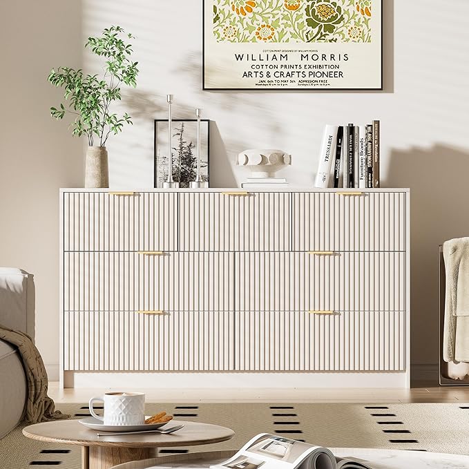 Beige Dresser for Bedroom, Modern Dresser with 7 Drawers and Smooth Slides, Wide Chest of Drawers with Golden Handles for Bedroom, Living Room, Closet, 15.7" D x 55.1" W x 31.4" H