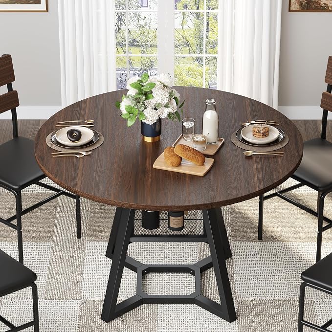 knoworld 47" Round Dining Table for 4, Kitchen Tables Dining Room Circle Dinner Table with Pedestal Metal Frame, Space Saving Wood Industrial Kitchen & Dining Room Tables, Walnut 47In