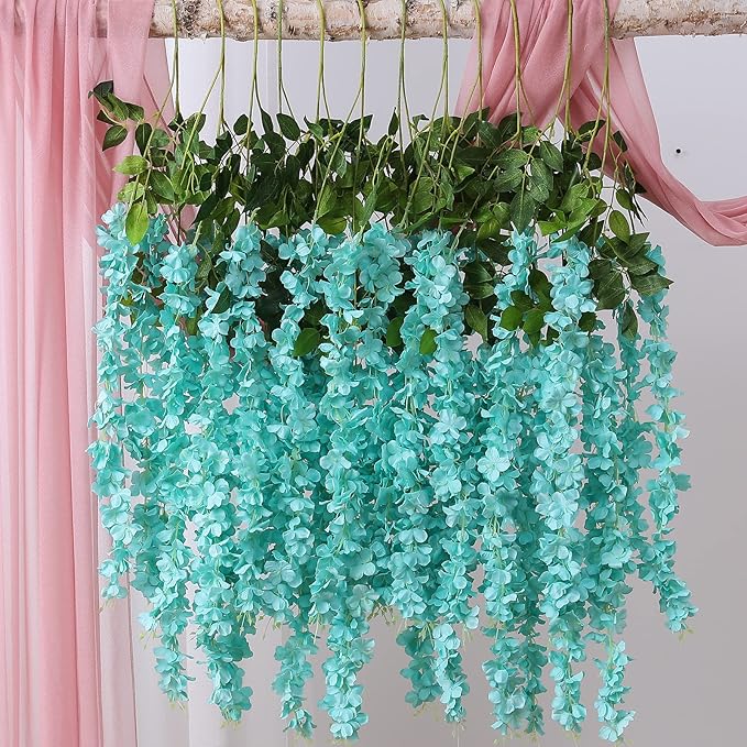 Duovlo 12 Piece Artificial Silk Wisteria Vine 3.6 Feet Hanging Flower Garland String Home Party Wedding Decor (Lake Blue)
