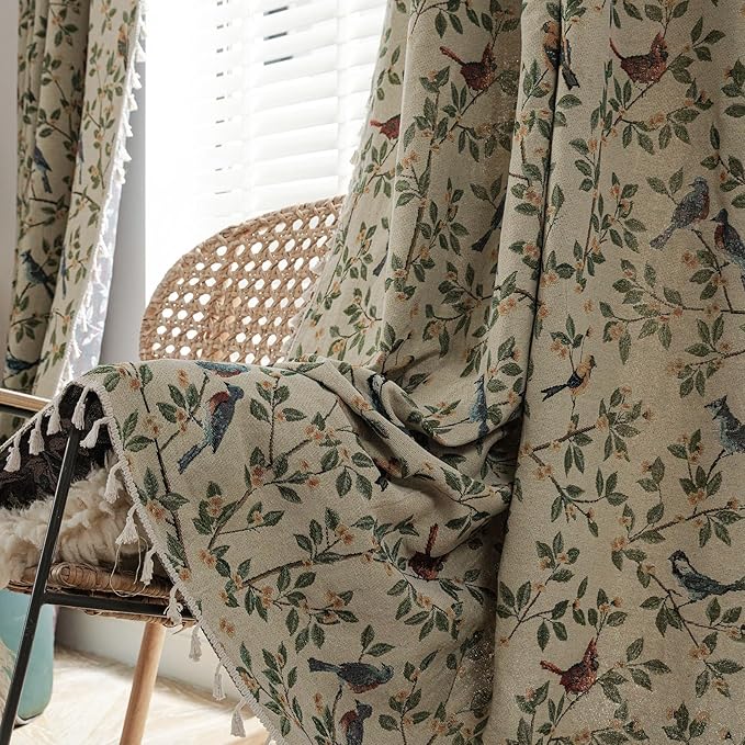 ENJOYBRIDAL Floral 84 Inches Curtains for Bedroom Jacquard Drapes Bird Patterned Semi Sheer Boho Living Room Window Curtains 2 Panels Farmhouse Rod Pocket Light Filtering Decorative Window Treatments