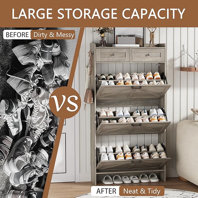 Shoe Cabinet with 3 Flip Drawers & 2 Top Drawers, 57" Tall Freestanding Narrow Wooden Shoe Storage Organizer for Entryway, Hidden Slim Shoe Rack for Front Door Entrance, Hallway, Living Room, Grey