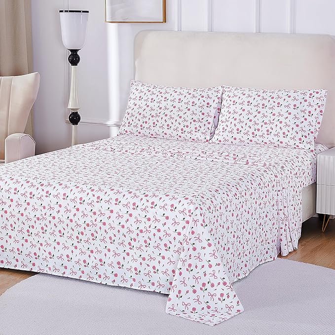 Softan Pink Floral Twin Bed Sheets, Cozy Microfiber Flower Printed Sheets with 15" Deep Pocket Fitted Sheet & Non-Slip Straps, Patterned Pink Rose - Bow Sheets & Pillowcase Set