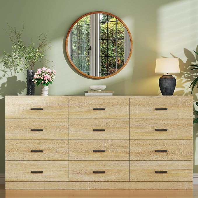 Dresser for Bedroom with 12 Drawers, 60'' Wood Mid Century Modern Dressers, Large Chests of Drawers TV Stand, Natural Wood Grain, Storage Unit Dresser for Bedroom, Entryway, Hallway, Natural