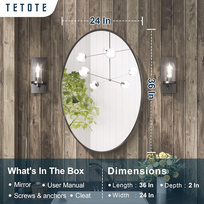 TETOTE Black Oval Bathroom Mirror, 24 x 36 Matte Black Framed Wall Mounted Mirror for Vanity, Modern Decorative Shatterproof Oval Wall Mirrors for Entryway, Living Room, Bedroom