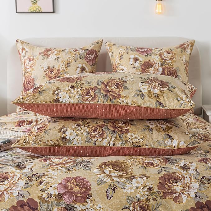 FADFAY Duvet Cover Sets Queen Tan Peony Floral Bedding Shabby Brown Flower Comforter Cover Set Vintage Farmhouse Bedding 100% Cotton Soft Quilt Cover with Hidden Zipper Closure 3 Pieces, Queen Size