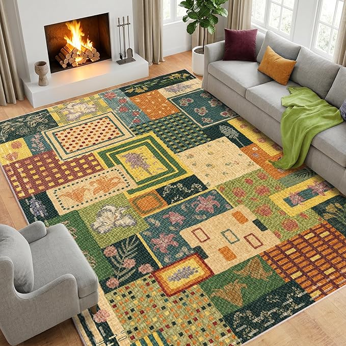 Flowers Patchwork Abstract 8x10 Area Rug, Green Soft Faux Wool Geometric Rugs for Living Room, Non Slip Low Pile Washable Indoor Carpet Rug for Bedroom, Entryway, Dining Room, Home Office Decor
