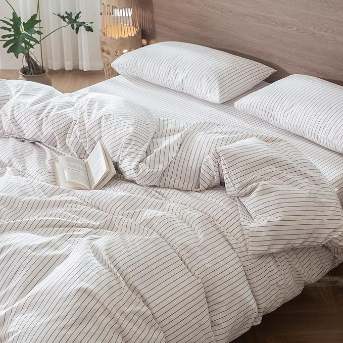 MooMee Striped Duvet Cover Set 100% Washed Cotton Linen Like Textured Breathable Durable Soft Comfy (White Orange Wide Stripes, Queen 90"x90")