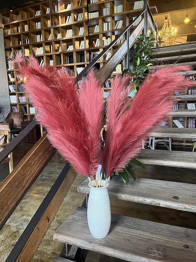 Premium Faux Pampas Grass Decor Tall & Fluffy, No Assembly Needed Long Pampas, Luxury Large Floral, Elegant Feather Flowers for Wedding Decor (Artificial - Rubber red, 8pcs 43.3"(110cm))