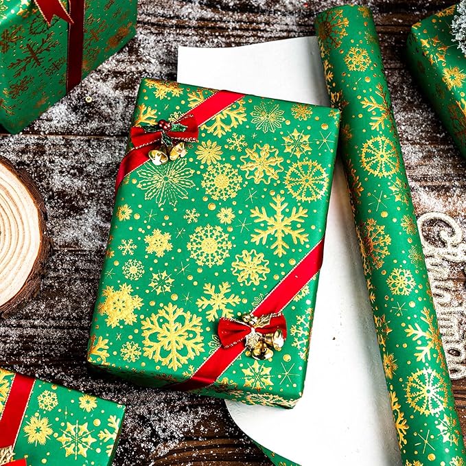 Flyhill Kraft Christmas Green Wrapping Paper,Gold Luxury Snowflake Metallic Gold Embossed Foil Gift Wrap Roll Design for Holiday, Party,Celebration, New Year (17 Inch X 32.8 Feet)
