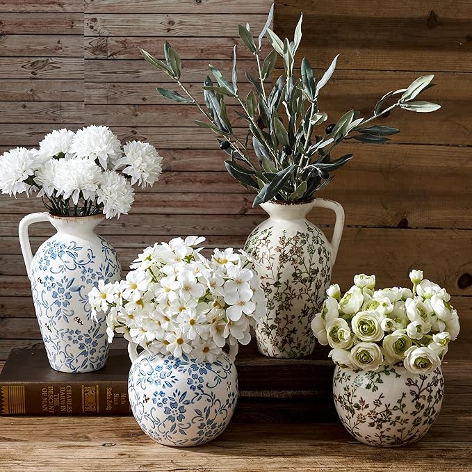 Green and Beige Antique Vase, 5.6 Inch Vintage Chinoiserie Floral Vase, Rustic Ceramic Vase for Home Decor, Living Room, Bookshelf, Office, Entryway, Garden, Chinoiserie Decor, Tuscan Decor