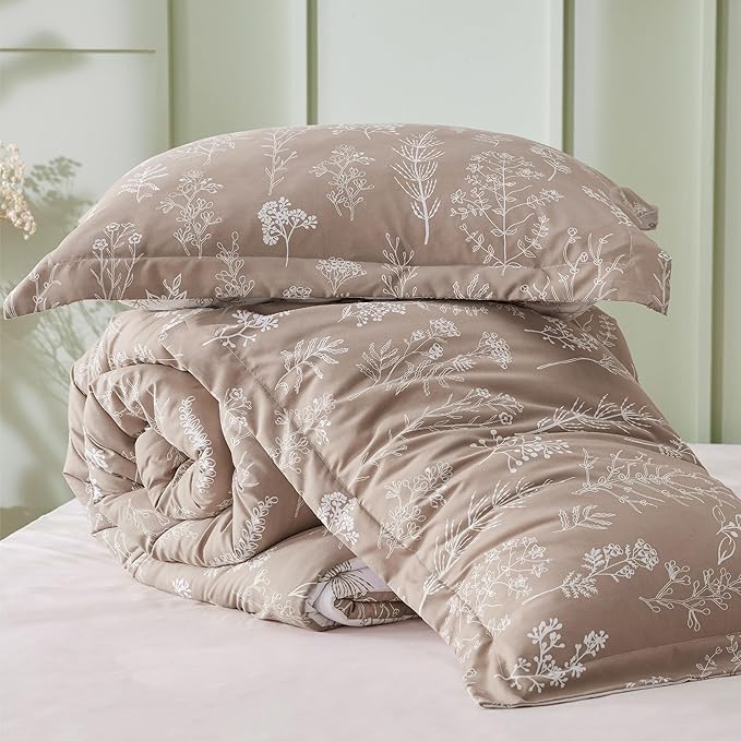 Bedsure Queen Comforter Set - Light Taupe Bed Set, 3 Pieces Cute Floral Bedding, 1 Soft Reversible Botanical Flowers Comforter and 2 Pillow Shams
