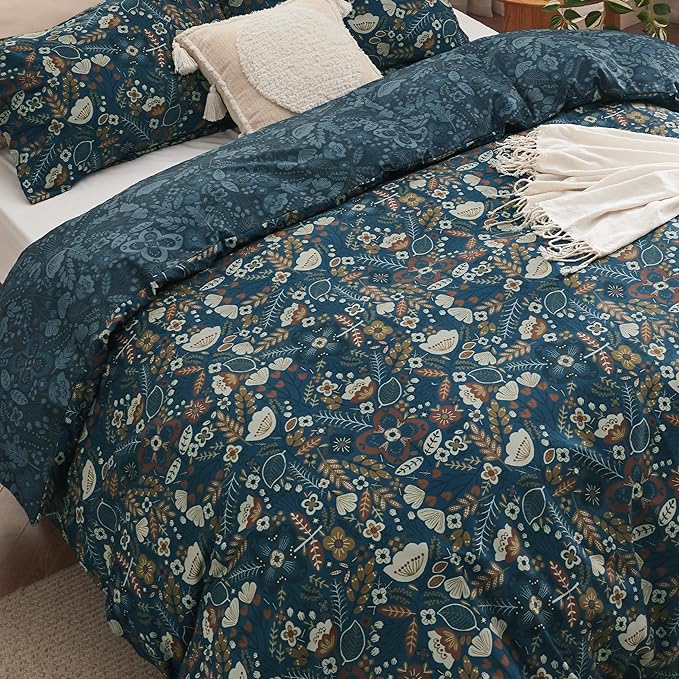 Bedsure Duvet Cover King Size - Reversible Floral Duvet Cover Set with Zipper Closure, 3 Pieces Navy Blue Bedding Set with 8 Corner Ties and 2 Pillow Shams 20"x36"