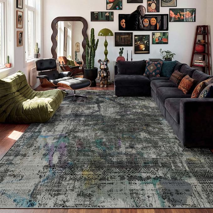 Kokia Abstract Area Rugs 9x12 Bedroom Washable Decor Low Pile Non-Slip Non-Shedding Indoor Black-Gray Carpet Foldable Stain Resistant Floor Mat Living Room Dining Room