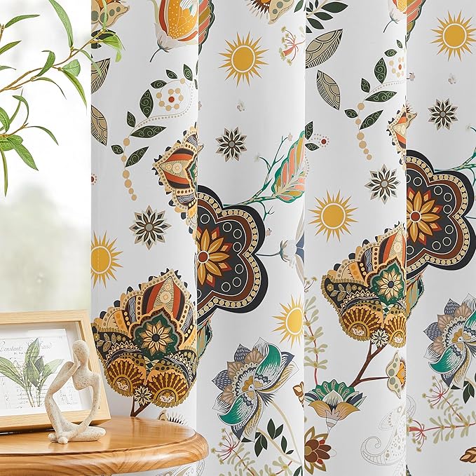 XiDi Extra Long Blackout Floral Curtains 108 Inches Long 2 Panels for Bedroom Living Room Thermal Insulated Luxury Colorful Curtains Vintage Patterned Botanical Printed Grommet Drapes White 52x108