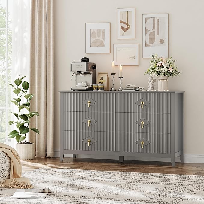 GarveeHome Fluted Dresser for Bedroom, 54 Inch Wide 6-Drawer Wood Dresser, Modern Chest of Drawers, Storage Organizer Cabinet for Living Room, Hallway, Entryway, Grey