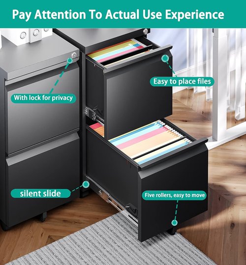 SISESOL 2-Drawer Mobile File Cabinet - Slim Under Desk Storage with Lock for Legal/Letter/A4 Files