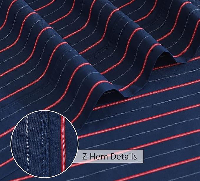 RUVANTI 100% Cotton King Size Sheets Set, 4 Pieces, Soft & Breathable Percale Weave Bedding, Deep Pocket 16", Hotel Standard, Crisp Cool Feel, Durable, Perfect Striped Bed Sheet, Nautical