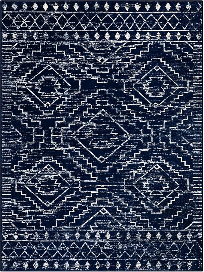 Wonnitar Moroccan Washable 9x12 Rug, Large Blue Rugs for Bedroom, Non-Slip Soft Living Room Area Rug, Boho Non-Shedding Ultra-Thin Floor Carpet for Dining Guest Room Home Office (Blue,9'x12')