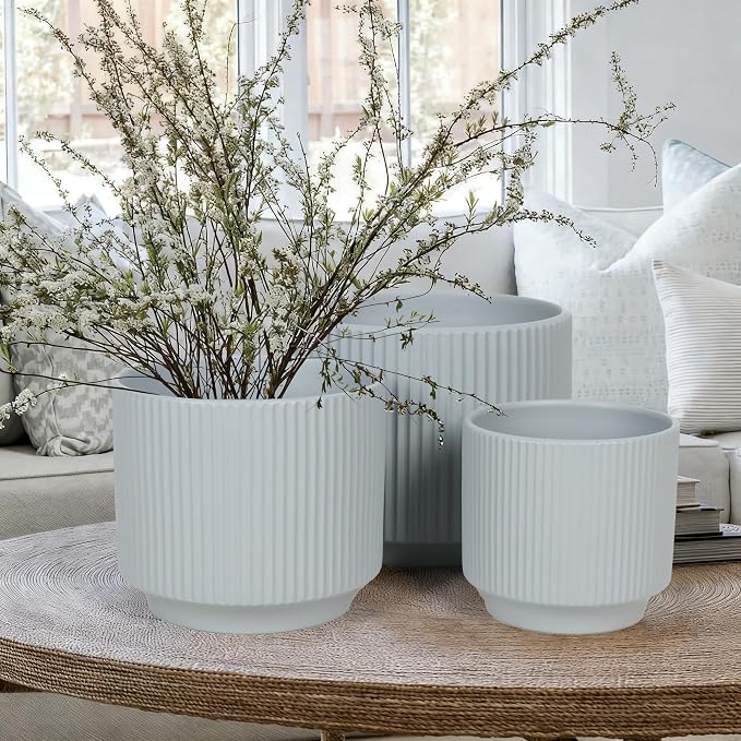 Oakrain Plant Pots with Vertical Stripes 7.8/6.5/5.2 inch, Set of 3 Modern Decorative Planters for Indoor Outdoor Plants, Flower Pot with Drainage Holes, Ceramic Blue