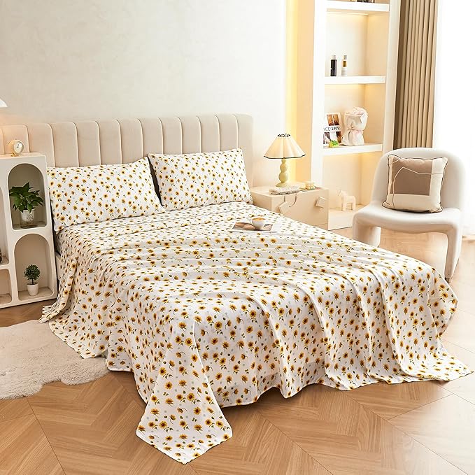 Softan Floral Twin Size Sheet Set, Sunflower Printed Bed Sheets for Kids Girls, 3-Piece Microfiber Fitted Sheet with 15" Deep Pocket & Non-Slip Straps, Patterned Bedding Sheets & Pillowcase Set