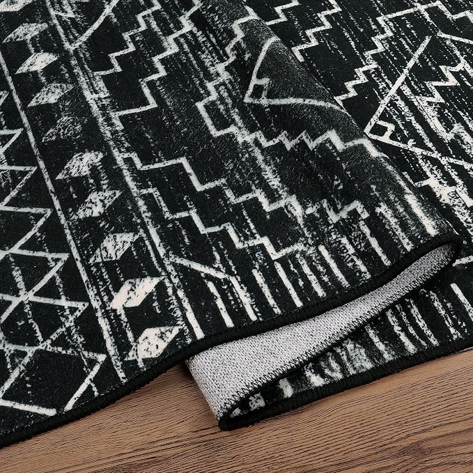 Wonnitar Moroccan 3x5 Rug, Black Washable Small Rug for Bedroom, Non-Slip Geometric Tribal Entry Throw Mat, Boho Farmhouse Rustic Soft Low Pile Area Rug for Bathroom Dining Guest Room (Black,3'x5')
