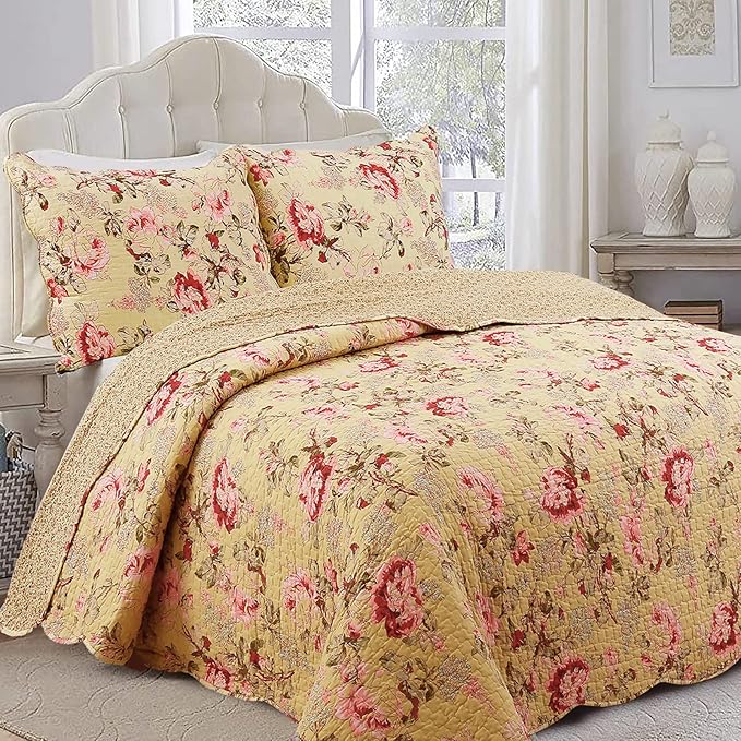 Cozy Line Home Fashions Lelia Pink Rose Blooming Floral Vintage Yellow 100% Cotton Reversible Quilt Bedding Set, Coverlet Bedspread (Rose Vivid, Queen - 3 Piece)