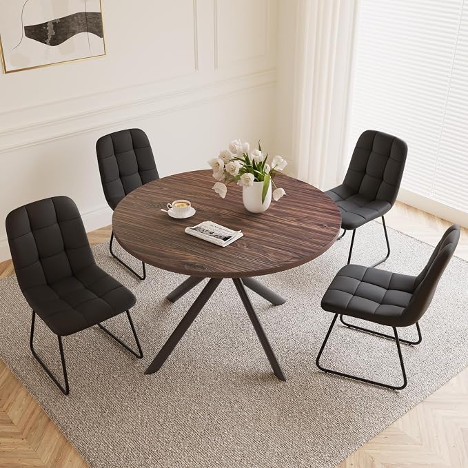 HIPIHOM 45.3 Inch Round Dining Table Set for 4, Mid Century Modern MDF Coffee Set for Dining Room Kitchen Apartment (Dark Walnut Table + 4 U-Shaped Black Chairs)