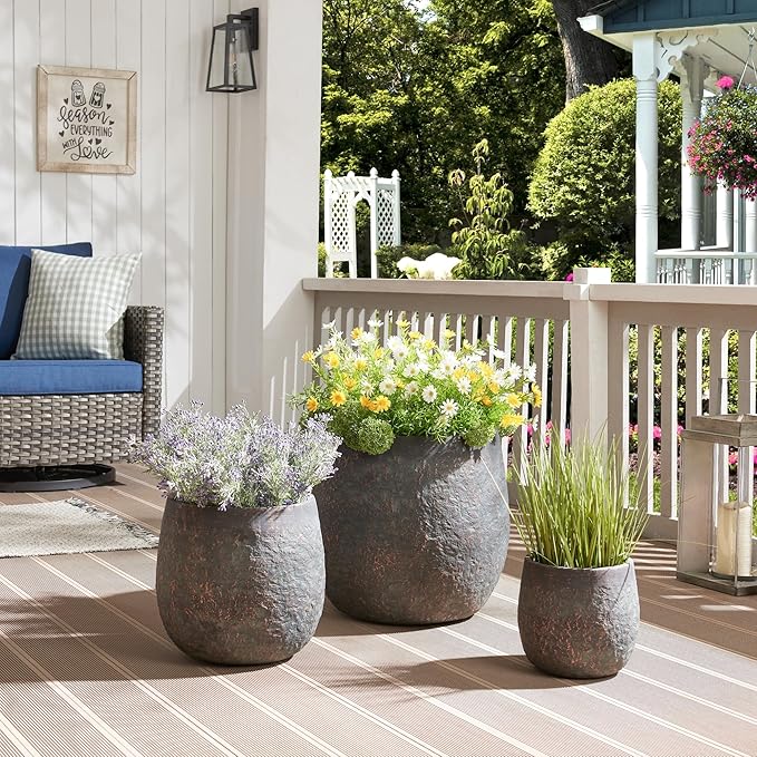 Wallowa 17.3"+12.9"+9.0" Dia Weathered Concrete Flower Pots, Modern Round Style Concrete Planter for Home, Garden, Patio, Courtyard, Bronze Rust Color, Set of 3