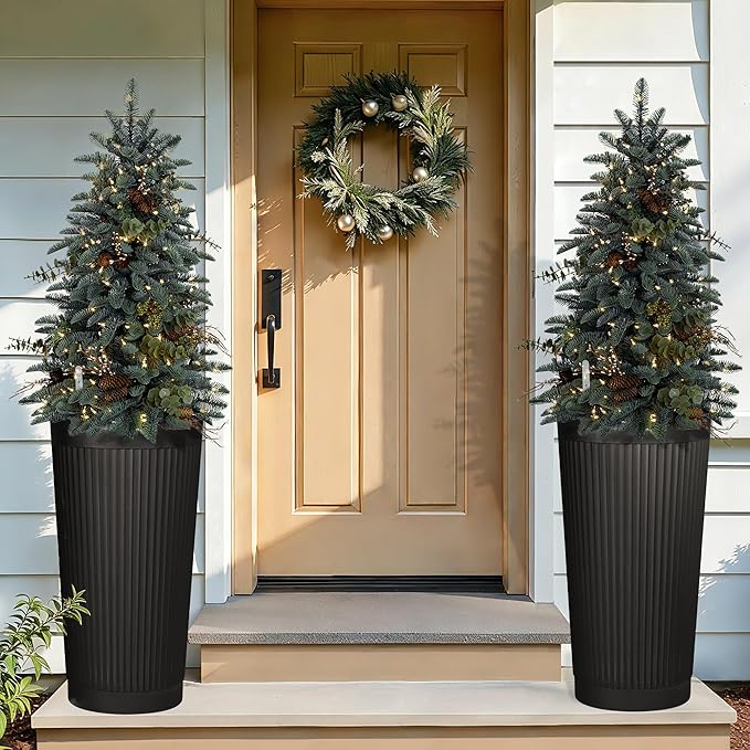 Set of 2 Tall Self-Watering Planters, 24" Large Planters with Water Level Indicator for Indoor & Outdoor Plants, Modern Planters for Garden, Patio, Balcony, Porch, Black