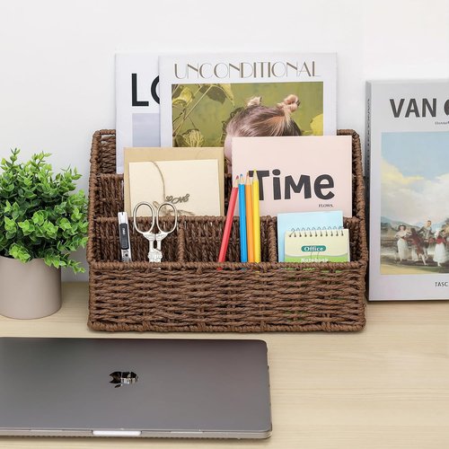 DINGTAI Rattan Desk Organizer - 5-Slot Mail Holder & Wicker Magazine Basket | Brown Boho Office Decor