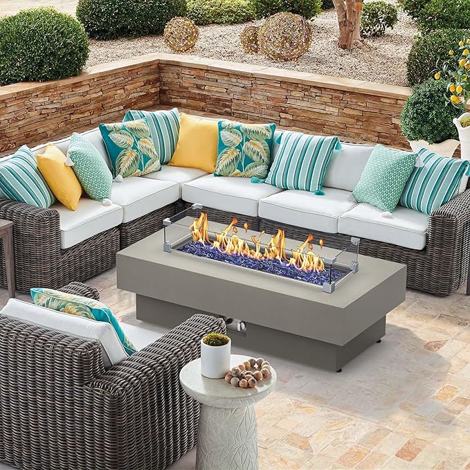 Outdoor Low Profile Fire Table with Wind Glass Shield, 48-inch Rectangle Propane Gas Fire Pit Table, 50,000 BTU Modern Firepit w/Lid, Fire Glass, Cover, Pre-Attached 10ft Propane Hose