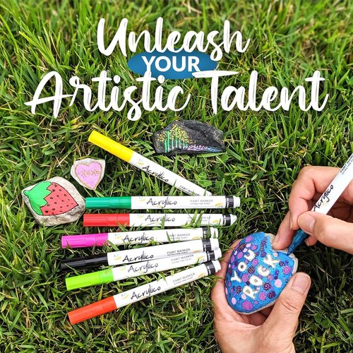Skiennix Acrylic Paint Markers Set - 16 Fine Tip Pens for Fabric, Rock, Metal & Ceramic Art Projects